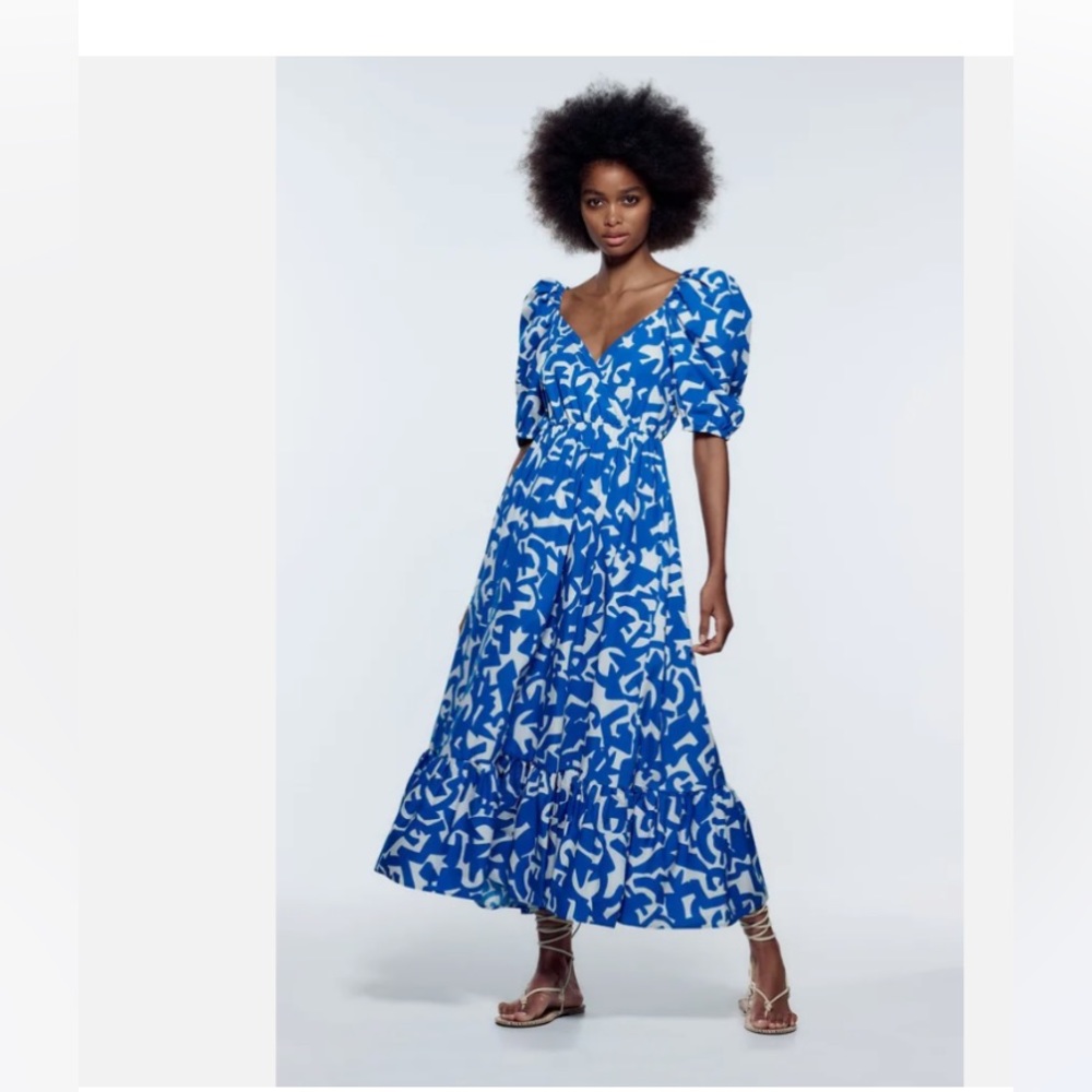 NWT!! Zara blue and white printed poplin puff sleeve dress
